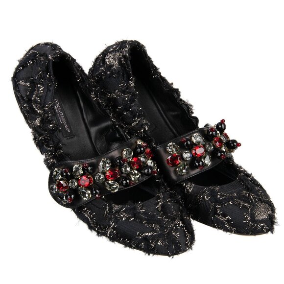 Dolce & Gabbana - Jacquard Crystal Brooch Strap Ballet Flats VALLY Black Red EUR - Picture 2 of 5